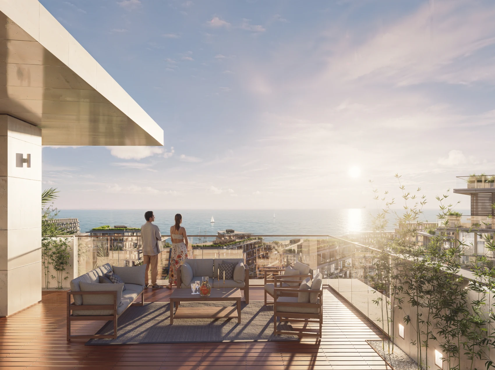 Waterfront residence terrace overlooking the sea